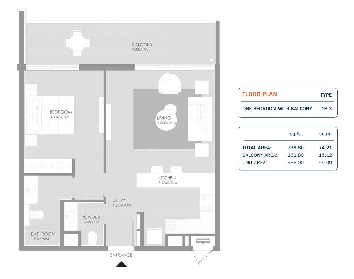 1 Bedroom, Size 798.80 Sq.ft